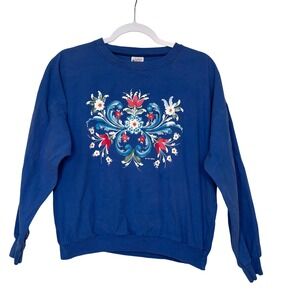 Vtg 90s Quitman USA Gerda Lee Floral Sweatshirt S Blue Cottagecore Grandmacore